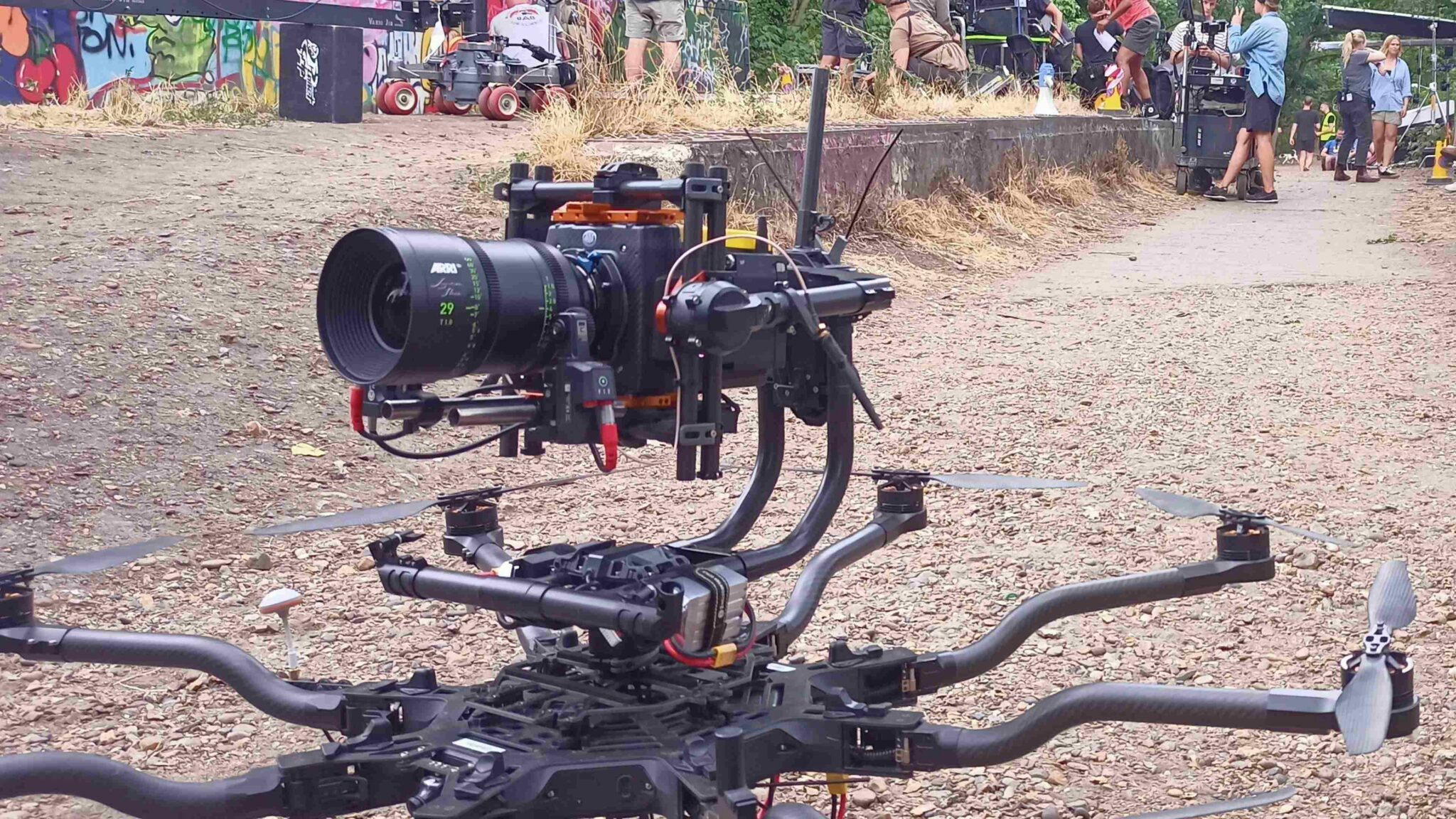 Professional film set with camera crew