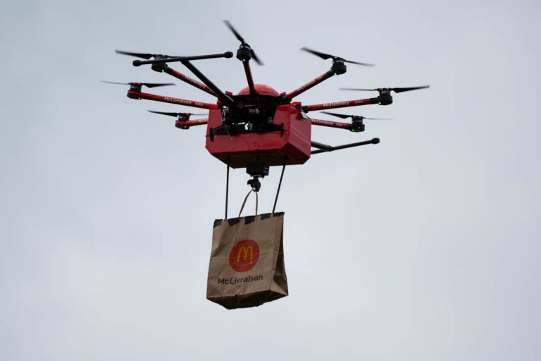 Delivery drone carrying a restaurant food bag