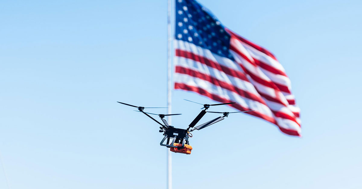 Drone flying with an American flag theme