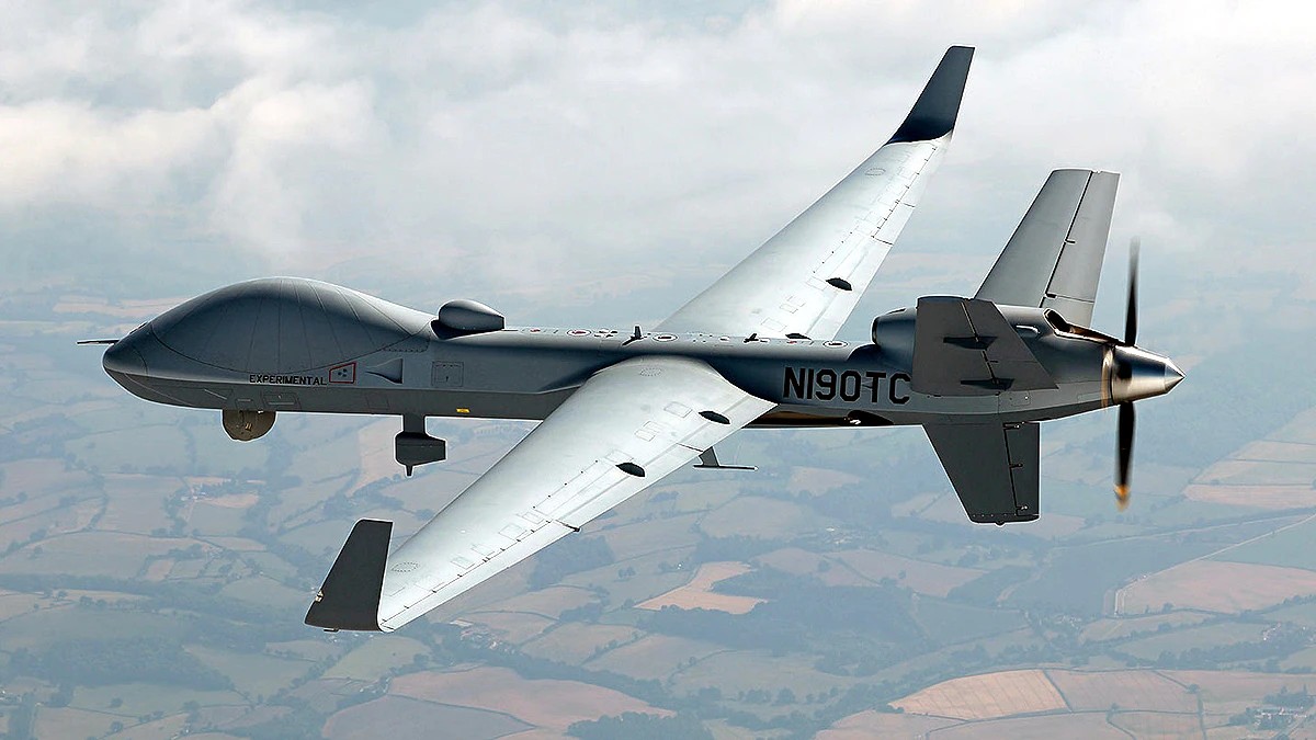 Military surveillance drone in flight