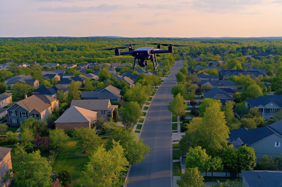 Delivery drones over suburbs at sunset